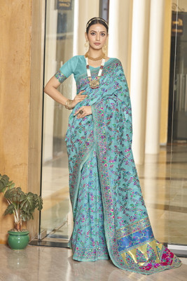 Sariya Woven Kalamkari Jacquard, Silk Blend Saree(Light Blue)