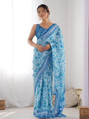 UPTRENDS Digital Print Bollywood Chiffon Saree(Blue)