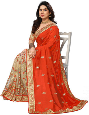 Semizoxis Embroidered, Embellished Bollywood Net, Art Silk Saree(Orange)