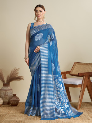 Bansari Textiles Printed Banarasi Jacquard, Art Silk Saree(Light Blue)