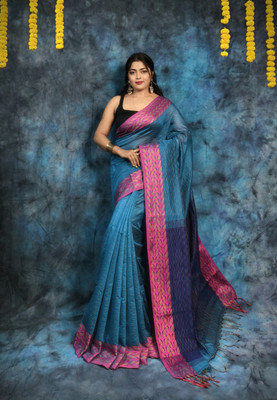 HouseOfCommon Solid/Plain Handloom Pure Cotton Saree(Blue, Dark Blue)