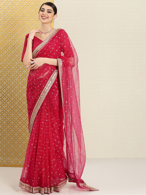 House of Pataudi Woven Daily Wear Net Saree(Magenta)