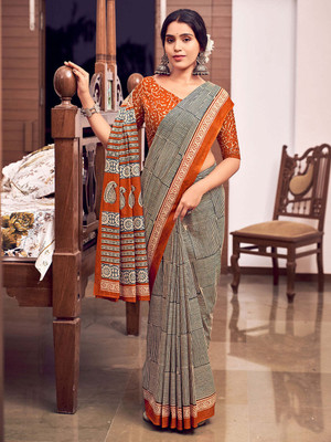 FASHION STROM Printed Bollywood Cotton Blend Saree(Orange)