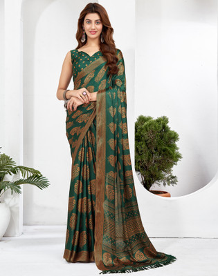 Samah Printed, Embellished Daily Wear Satin, Georgette Saree(Dark Green)