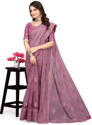 Vijay Fashion Embroidered Bollywood Net Saree(Purple)