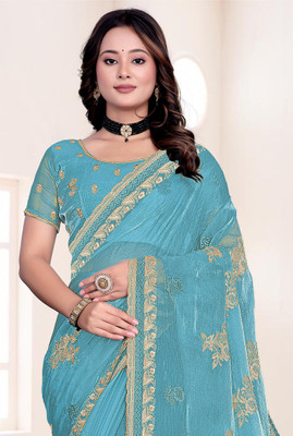 ZOYAL ENTERPRISE Embroidered Bollywood Jimmy choo Saree(Light Blue)