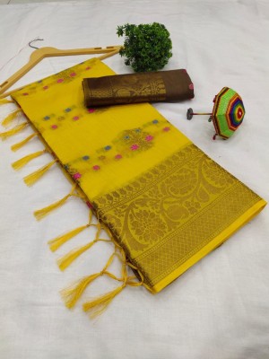 PRAMUKH Self Design Kanjivaram Pure Cotton Saree(Yellow)