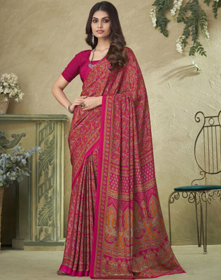 Tasrika Printed Assam Silk Crepe Saree(Pink, Multicolor)