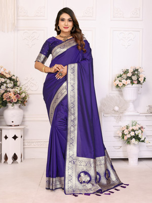 DEVPRIYA VENTURE Solid/Plain Banarasi Silk Blend Saree(Blue)