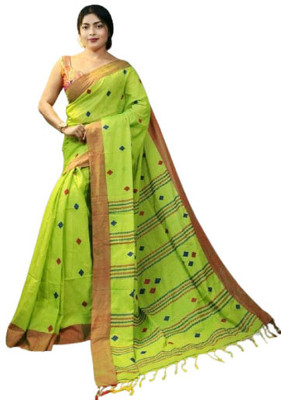 ANU INDIAN FASHION Woven, Striped, Geometric Print Handloom Cotton Blend Saree(Light Green, Red, Grey)