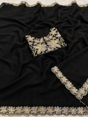 JIVI CLOTHING Solid/Plain Bollywood Chiffon Saree(Black)