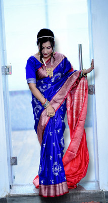 HouseOfCommon Embroidered Sambalpuri Satin Saree(Dark Blue)