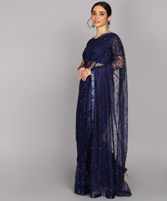 LOROFY Self Design Bollywood Net Saree(Dark Blue)