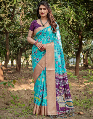 Satrani Printed, Woven, Embellished Kalamkari Tussar Silk Saree(Blue, Purple)