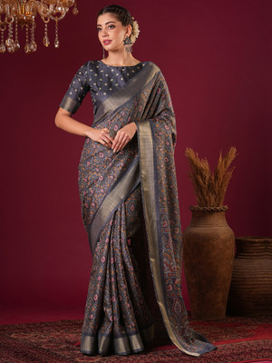 ANOUK Printed Chinnalapattu Silk Blend Saree(Grey)
