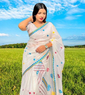 Cashing Fashion Woven Mekhela Chador Cotton Silk Saree(White)