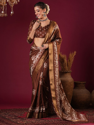 ANOUK Printed Chinnalapattu Silk Blend Saree(Brown)