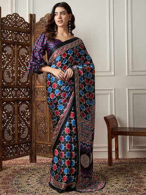 Sareemall Printed Hand Batik Crepe Saree(Black)