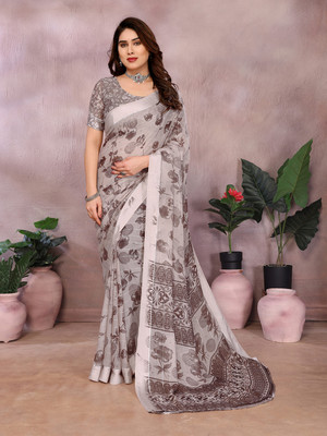 Anand Sarees Floral Print Saree with Attached Blouse Georgette, Satin Saree(Grey, Brown)