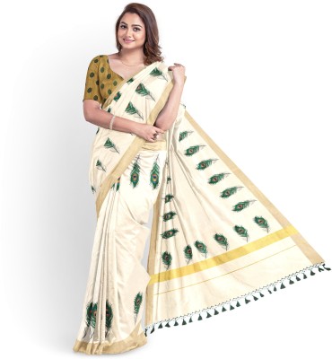 Chithra Fabrics Printed Kasavu Tissue Saree(Gold)