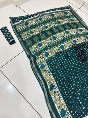 Chandan Fabrics Printed Kalamkari Mulmul Saree(Dark Green)
