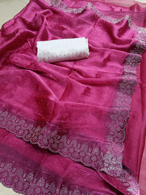 Sareez House Applique Bollywood Tussar Silk Saree(Pink)