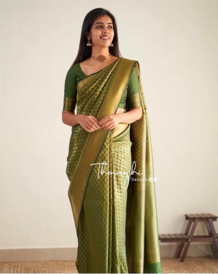 Bansari Textiles Embellished, Applique, Self Design, Woven Banarasi Cotton Silk, Jacquard Saree(Dark Green)
