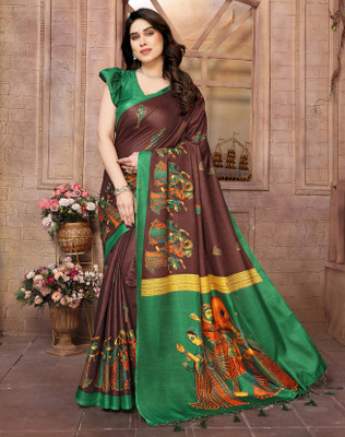 Divastri Printed Bhagalpuri Art Silk, Lace Saree(Brown)