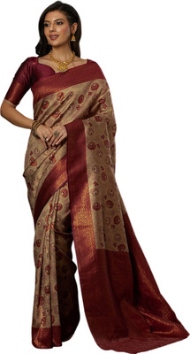 Pranjal Printed, Woven Bandhani Silk Blend Saree(Cream)