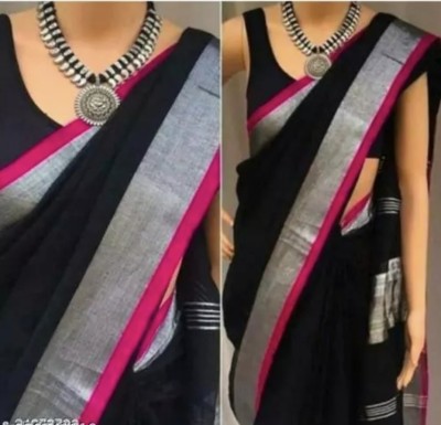 Sandeep Silk Solid/Plain Bhagalpuri Cotton Blend Saree(Black)