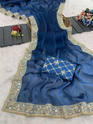 NETRA BOUTIQUE Solid/Plain, Embellished Bollywood Organza Saree(Blue)