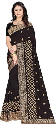 fFASHION Embroidered, Embellished, Self Design, Temple Border, Hand Painted Daily Wear Pure Silk, Silk Blend Saree(Black)