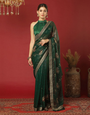 Samah Embellished, Embroidered Bollywood Georgette, Chiffon Saree(Dark Green)