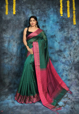 HouseOfCommon Printed Handloom Pure Cotton Saree(Dark Green, Magenta)