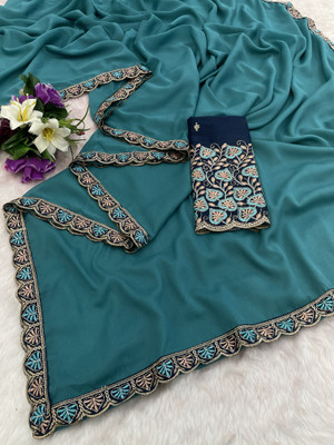 K 5 FASHION Embroidered, Solid/Plain Bollywood Georgette Saree(Black)
