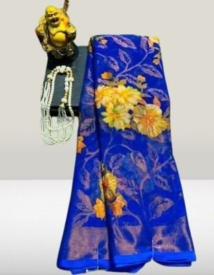 DAZLIO Floral Print, Printed Daily Wear Crepe, Silk Blend Saree(Dark Blue)