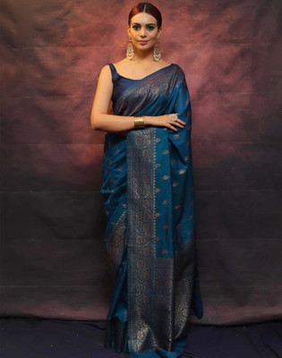 Samah Woven, Embellished Banarasi Silk Blend, Jacquard Saree(Blue, Gold)