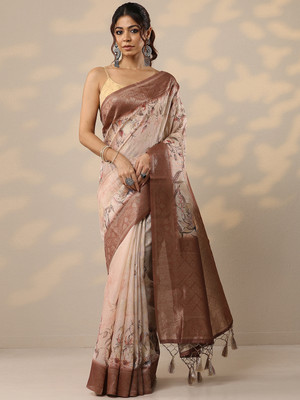 LIBAS Printed Daily Wear Cotton Blend Saree(Brown, Beige)