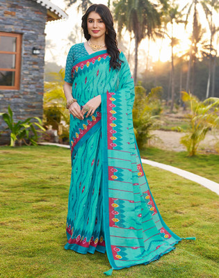 Samah Geometric Print, Printed Bollywood Pure Cotton Saree(Blue, Multicolor)