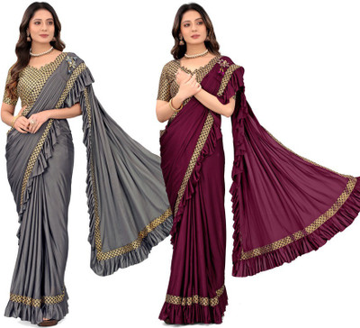 HARIOM FASHION Solid/Plain Bollywood Lycra Blend Saree(Pack of 2, Purple, Grey)
