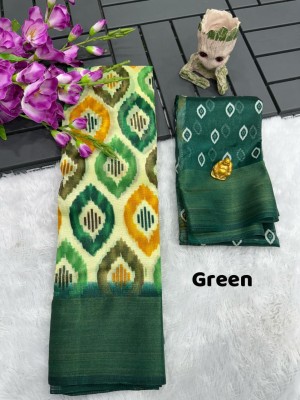 Bansari Textiles Applique, Printed, Woven Daily Wear Cotton Linen Saree(Green)