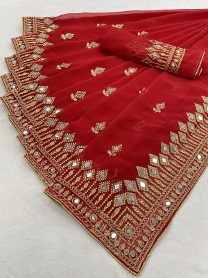 Disha Fashion Embellished Banarasi Georgette, Silk Blend Saree(Red)