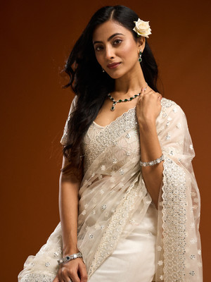KASEE Embroidered Bollywood Net Saree(Cream)