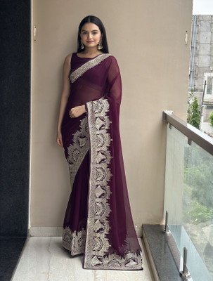 Leelavati Embroidered, Embellished Bollywood Georgette Saree(Purple)
