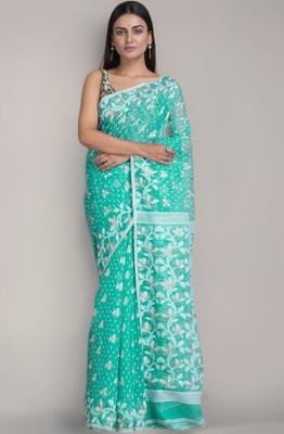Revival Printed Jamdani Cotton Blend Saree(Light Blue)