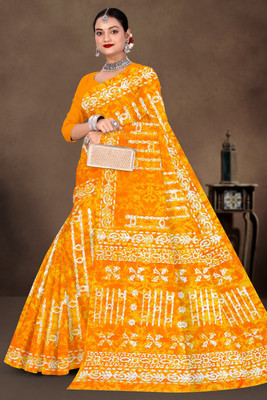 mahakali Printed Bandhani Pure Cotton Saree(Yellow)