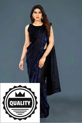 Online Bazaaar Solid/Plain Bollywood Lycra Blend Saree(Dark Blue)