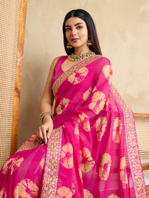 sareya veela Blocked Printed Bandhani Georgette Saree(Pink)