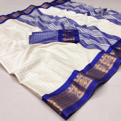 RUHKURSH Checkered Gadwal Silk Blend, Jacquard Saree(White, Blue)