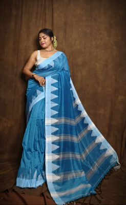 Lakshmi Boutique Temple Border Handloom Cotton Blend Saree(Light Blue)